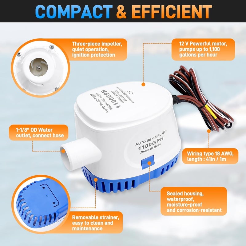 Sejaede 1100GPH 12V Automatic Boat Bilge Pumping Kit, 1-1/8 Inch Electric Bilge Water Pump, 6FT Hose, 2 Stainless Steel Hose Clamps and Thru-Hull Fitting, for Fishing Boats, Runabouts, Yachts, Cruisers - Image 3